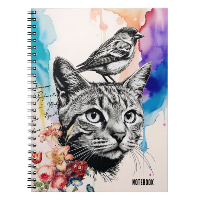 Cuaderno PERSONALIZACIÓN: un gato + un pájaro | Diario de b (Frente)