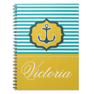 Cuaderno Personalizado amarillo azul del ancla de las rayas