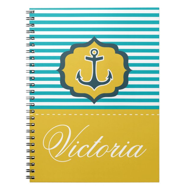 Cuaderno Personalizado amarillo azul del ancla de las rayas (Frente)