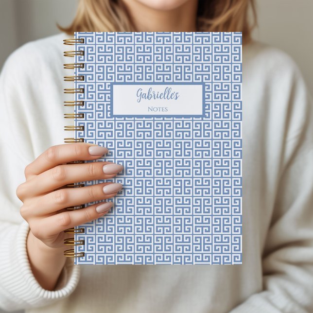 Cuaderno Personalizado Azul con Motivo de Llave Gr (Greek Key Spiral Notebook)