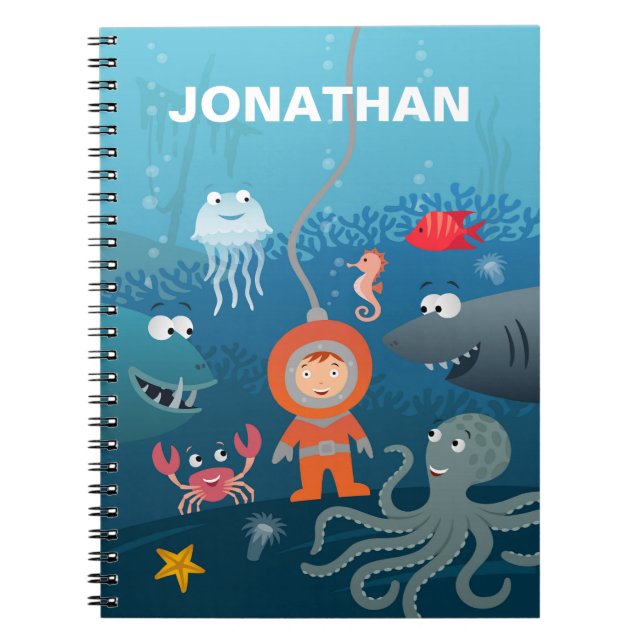 Cuaderno Personalizado Buceador Niños Vida Subacuática Anim (Frente)