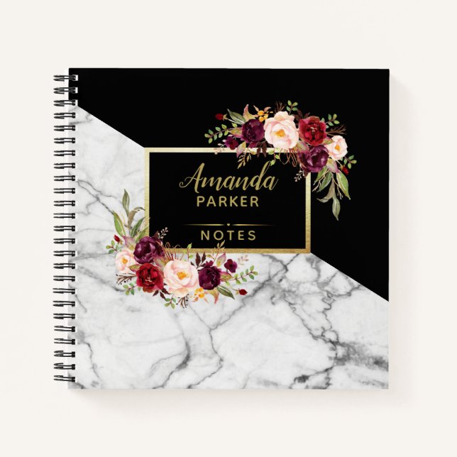 Cuaderno Personalizado Burgundy Floral Marble Gold Designer (Anverso)