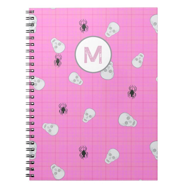 Cuaderno Personalizado Coquette Pink Plaid Halloween Skulls (Frente)