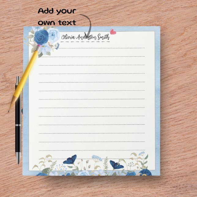 Cuaderno Personalizado Corazón Floral Beige Azul (Blue Beige Floral Heart Custom Name Notepad)