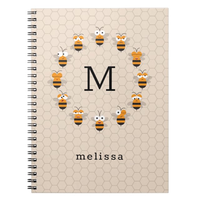 Cuaderno Personalizado Cute Monograma Miel Bee Honeycomb (Frente)
