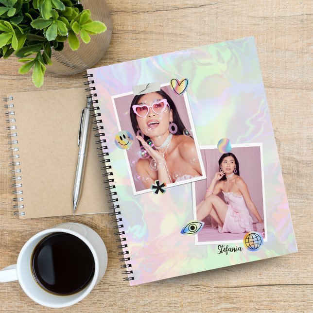 Cuaderno Personalizado de 2 Collages de fotos con nombre de (Custom 2-Photo Collage Notebook with Modern Script Name )