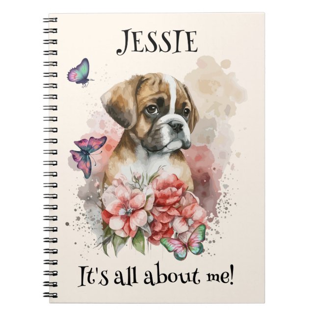 Cuaderno Personalizado de cachorro de boxeador en flores (Frente)