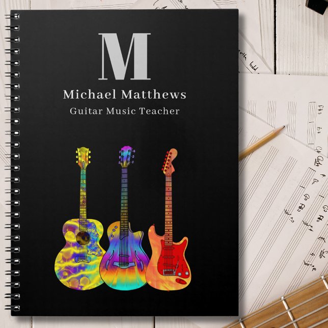 Cuaderno Personalizado de Clases de Música de Guitarra (Guitar teacher music business custom notebook with funky psychedelic guitars  personalized monogram)