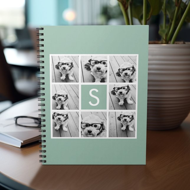 Cuaderno Personalizado de collage de fotos Monograma Mint V (Personalized notebook - add photos and your name or other text)