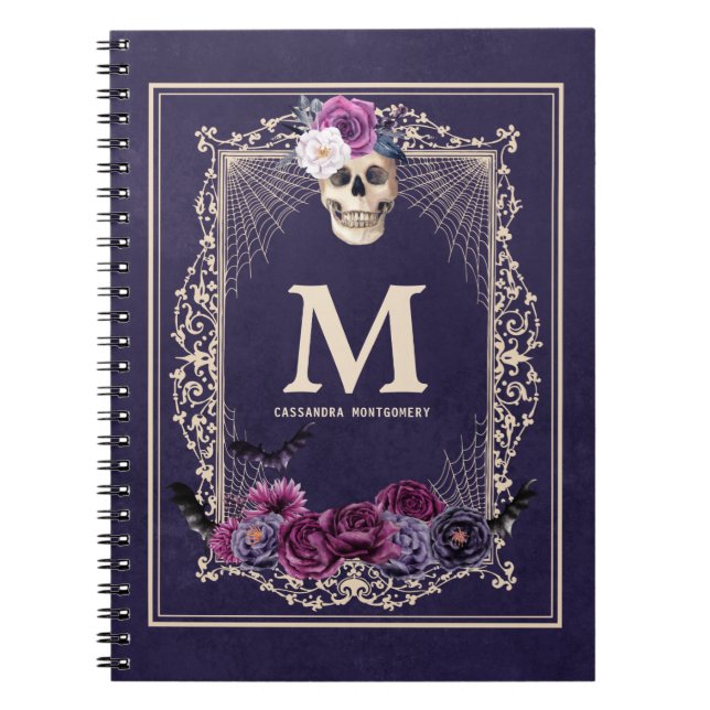 Cuaderno Personalizado de cráneo floral gótico Monograma y  (Frente)