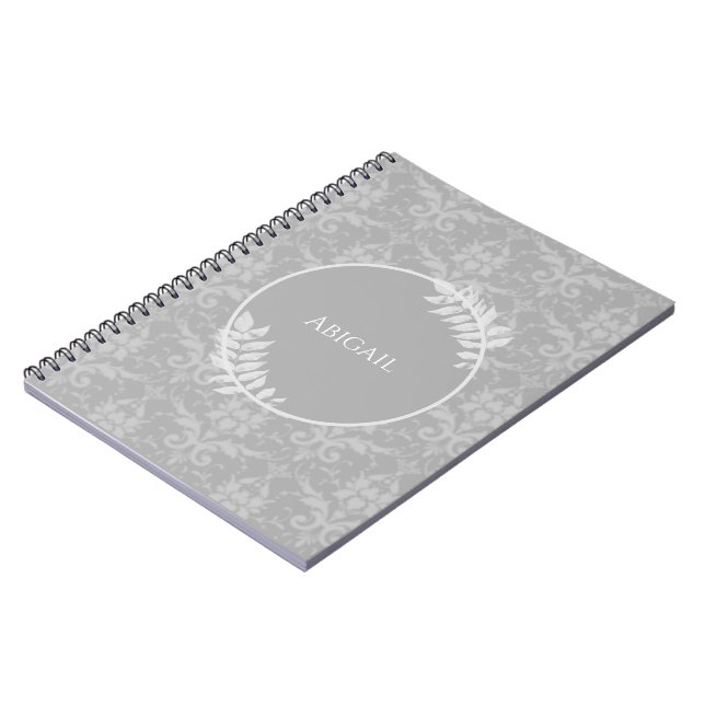 Cuaderno personalizado de Damask elegante y gris (Lado Izquierdo)