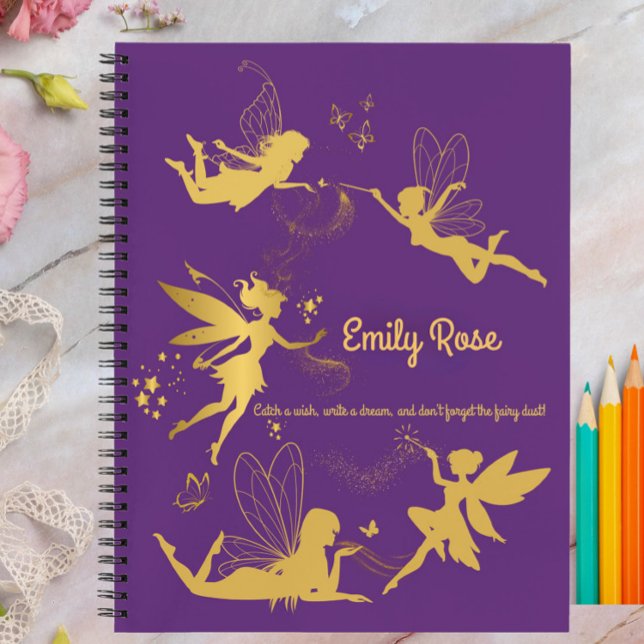 Cuaderno personalizado de escritura y dibujo de ha (Personalized Purple Fairy Journal – Custom Name Notebook for Girls with Magical Quote

)