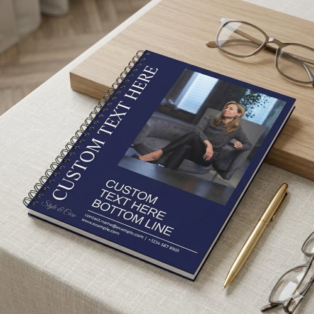 Cuaderno personalizado de espiral azul marino con  (Custom Navy Spiral Notebook With Text And Image)