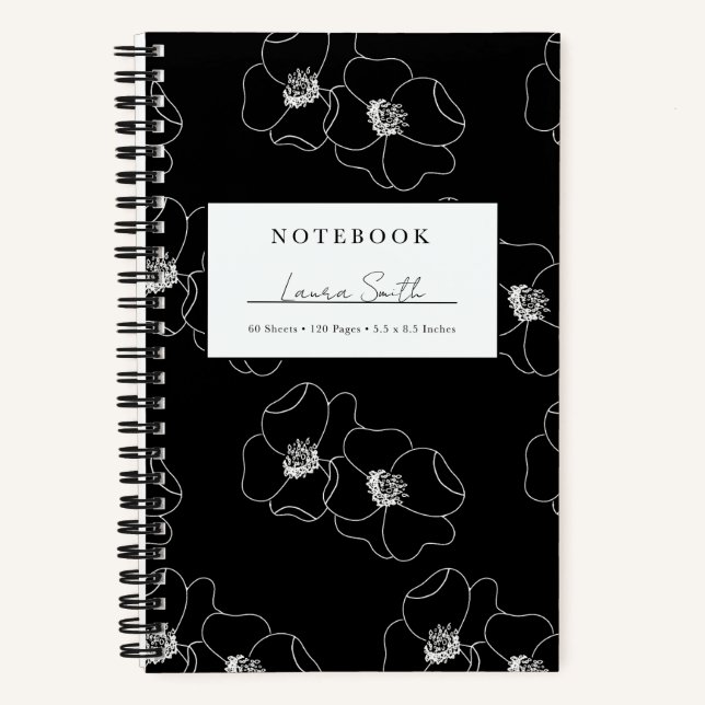 Cuaderno Personalizado de Flores Blancas y Negras (Anverso)