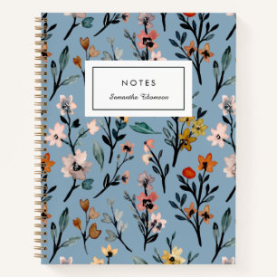 Cuaderno Personalizado de Flores Bohemias Azules Blancas