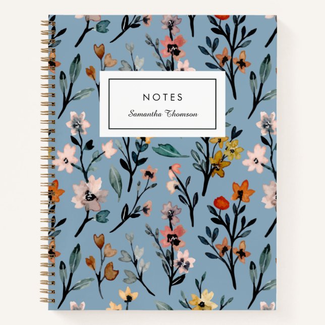 Cuaderno Personalizado de Flores Bohemias Azules Blancas (Anverso)