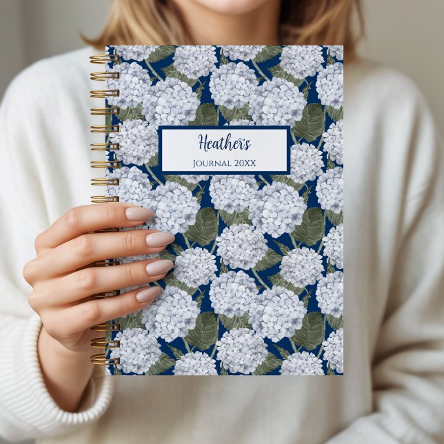 Cuaderno Personalizado de Flores de Hortensia (Hydrangea Garden Navy Notebook)