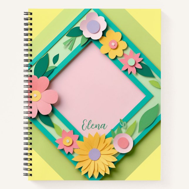 Cuaderno Personalizado de flores de papel rosa y amarillo (Anverso)