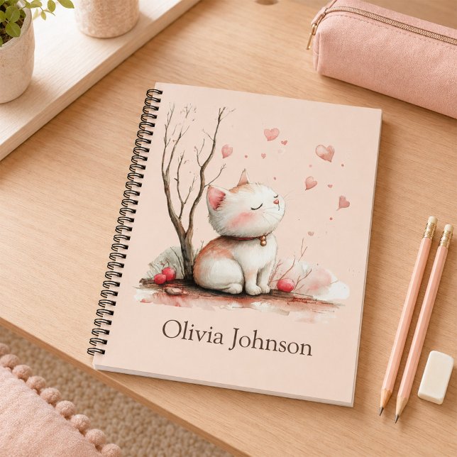 Cuaderno personalizado de gatito adorable con cora (Personalized Cute Kitten with Hearts Notebook)
