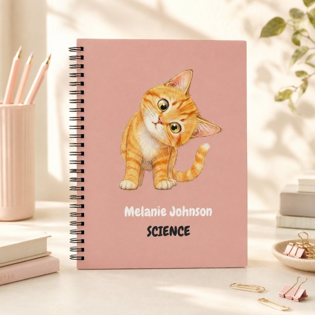 Cuaderno Personalizado de Gato Naranja Dulce Asign (Personalized Cute Orange Cat Pink School Subject Notebook)