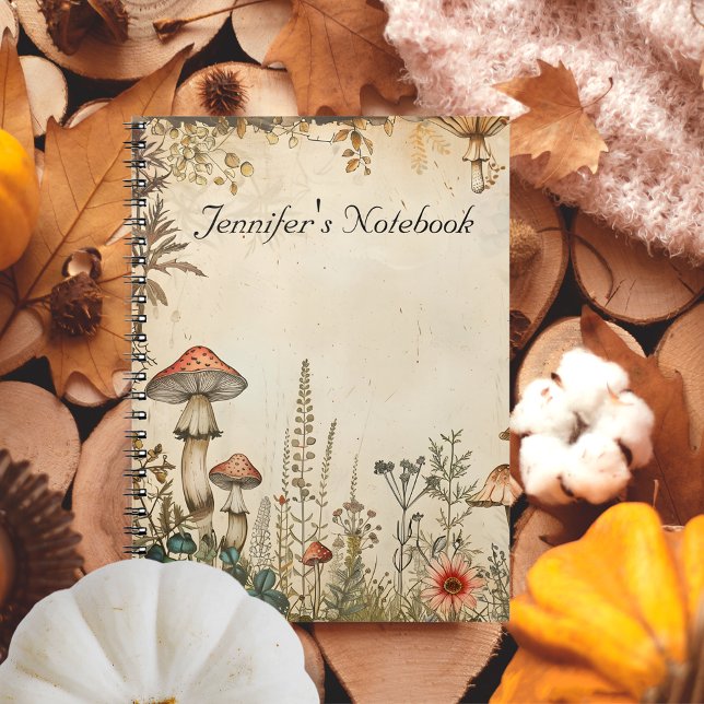 Cuaderno Personalizado de hongos con tema del otoño de marr (Vintage soft Brown Autumn theme Mushrooms custom Notebook)