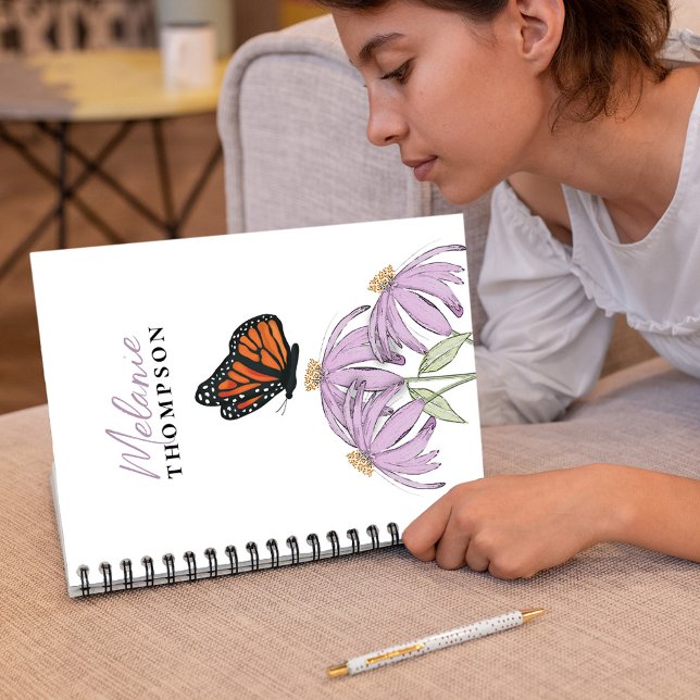 Cuaderno Personalizado de mariposa floral acuarela (Botanical butterfly with purple floral coneflowers Spiral notebook)
