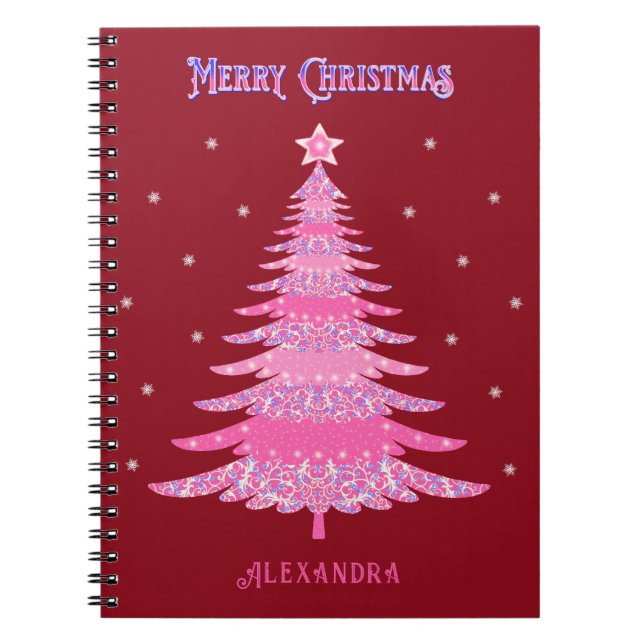 Cuaderno Personalizado de nombre de árbol de Navidad rosa r (Frente)