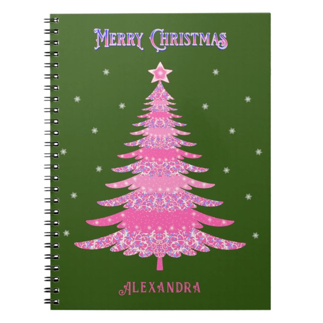 Cuaderno Personalizado de nombre de árbol de Navidad rosa V (Frente)