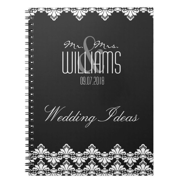 Cuaderno Personalizado de portátil boda Damask Black (Frente)
