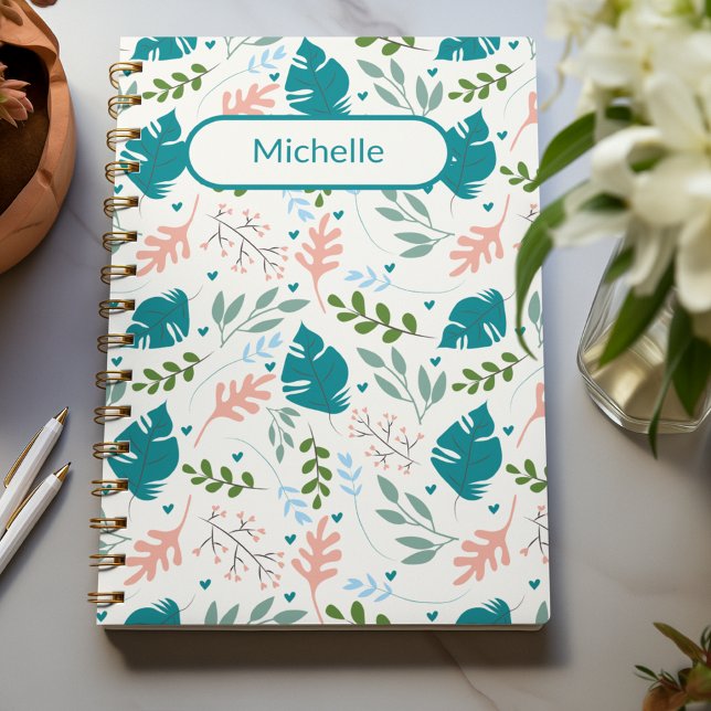 Cuaderno Personalizado del follaje de primavera de las hoja (Tropical Leaves Blue Pastel Spring Foliage custom Notebook)
