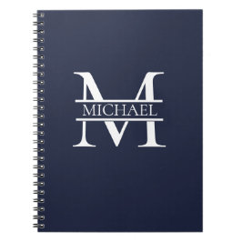 Cuaderno Personalizado Elegante Azul Marino Monograma y Nom