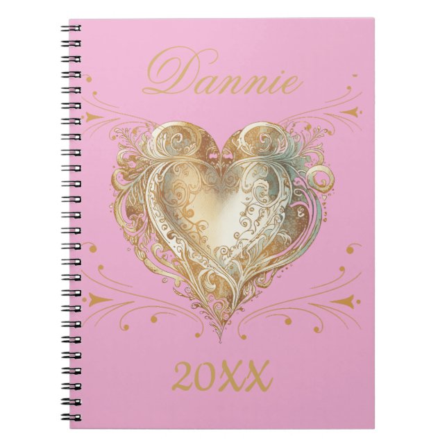 Cuaderno Personalizado elegante del corazón rosado y dorado (Frente)