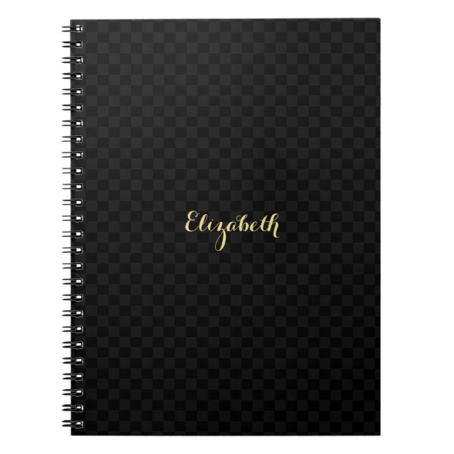 Cuaderno Personalizado Elegante Faux Gold Name Black Check  (Frente)