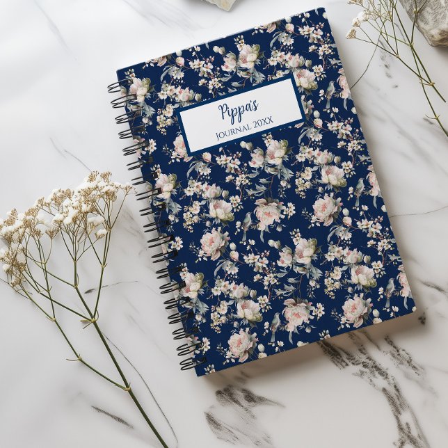 Cuaderno Personalizado Flor de Pájaro Azul Marino (Bird Blossom Navy Spiral Notebook)
