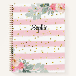 Cuaderno Personalizado floral Purpurina de oro rayado rosa