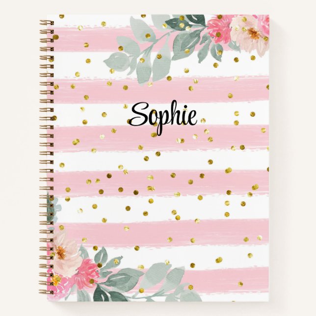 Cuaderno Personalizado floral Purpurina de oro rayado rosa  (Anverso)