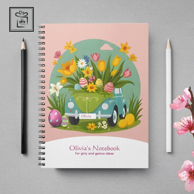 Cuaderno Personalizado Girly Floral Car Easter (Custom Girly Floral Car Easter-themed Notebook)