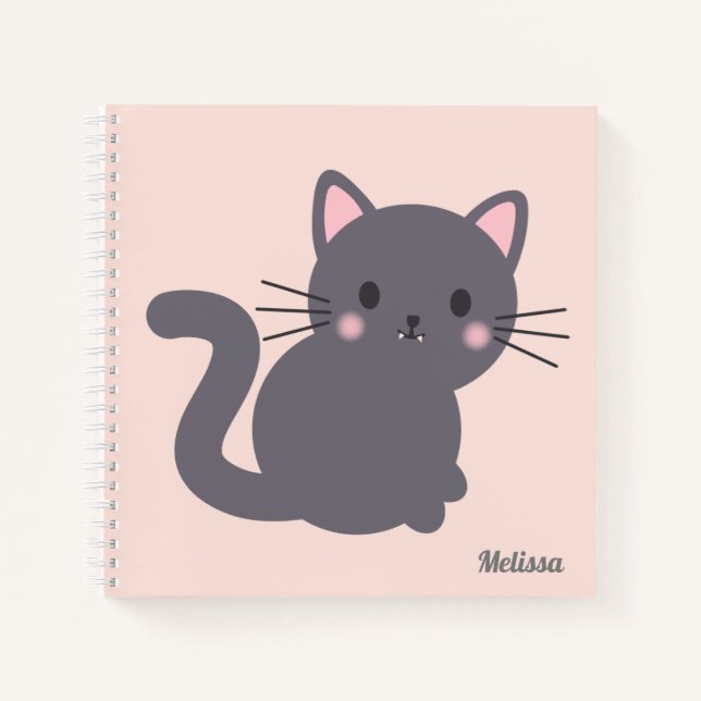 Cuaderno Personalizado Gris Kawaii Gato Rosa (Anverso)