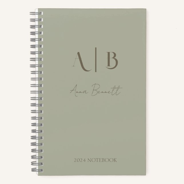 Cuaderno Personalizado moderno Monograma Nombre Dusty Sage (Anverso)
