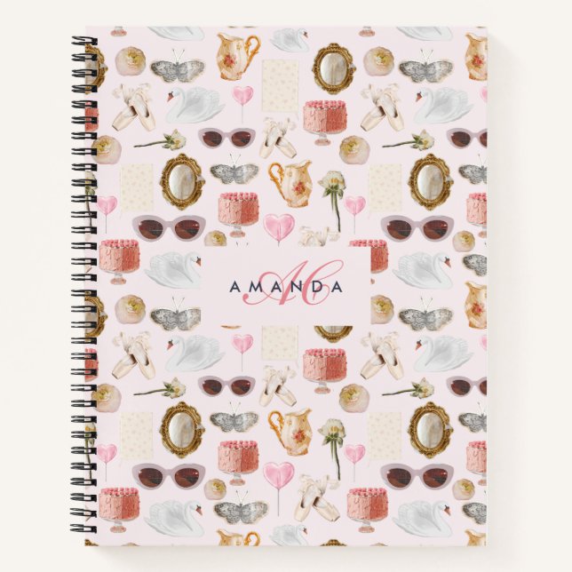 Cuaderno Personalizado Monograma Coquette Cute chica Rosa F (Anverso)