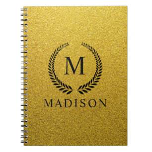Cuaderno Personalizado Monograma Dorado Negro y Brillo Dora