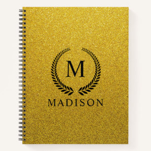 Cuaderno Personalizado Monograma Negro y Dorado con Brillo 