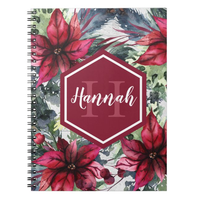 Cuaderno Personalizado Monograma Nombre Poinsettia roja (Frente)
