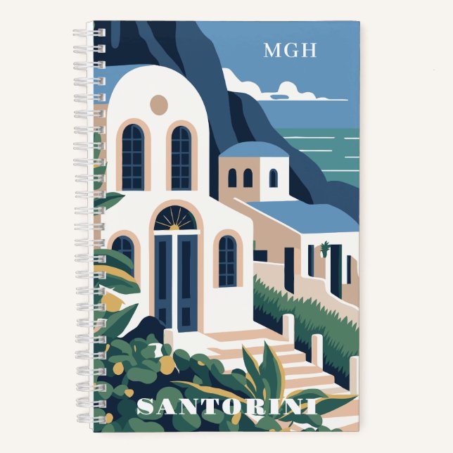 Cuaderno Personalizado Monograma y texto Santorini Grecia (Anverso)