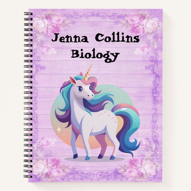 Cuaderno Personalizado morado de unicornio (Anverso)