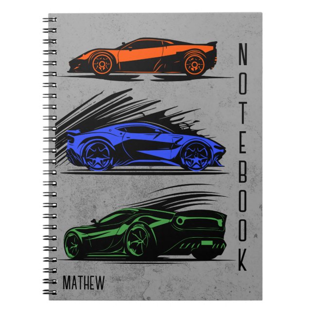 Cuaderno Personalizado Naranja de coches de carreras azul y (Frente)