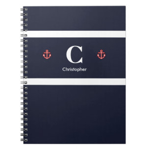 Cuaderno Personalizado Nautical Anchor Naval Blue White Str