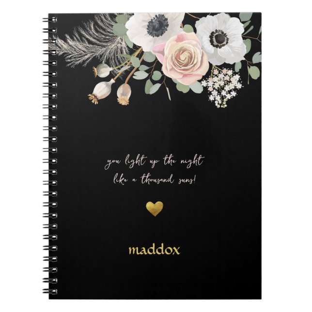 Cuaderno Personalizado negro y floral rosa (Frente)