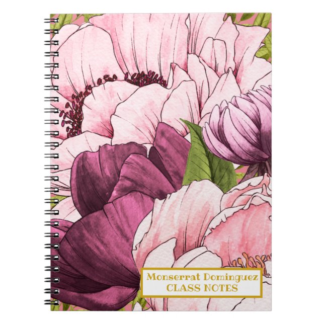 Cuaderno Personalizado Nombre Oro Sofisticadas Flores De Pe (Frente)