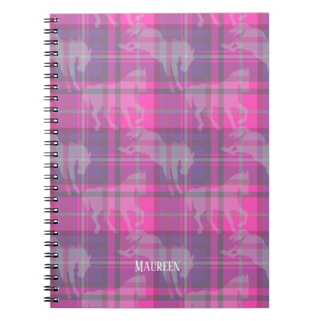 Cuaderno Personalizado preppy caballo malva morado tartán (Frente)